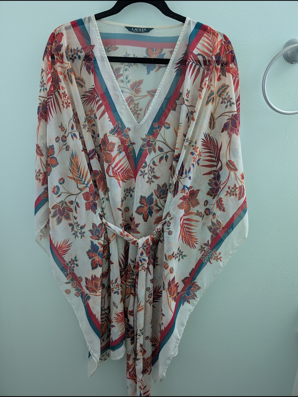 Ralph Lauren Floral Ivory Beach Coverup with Red and Teal Accents
